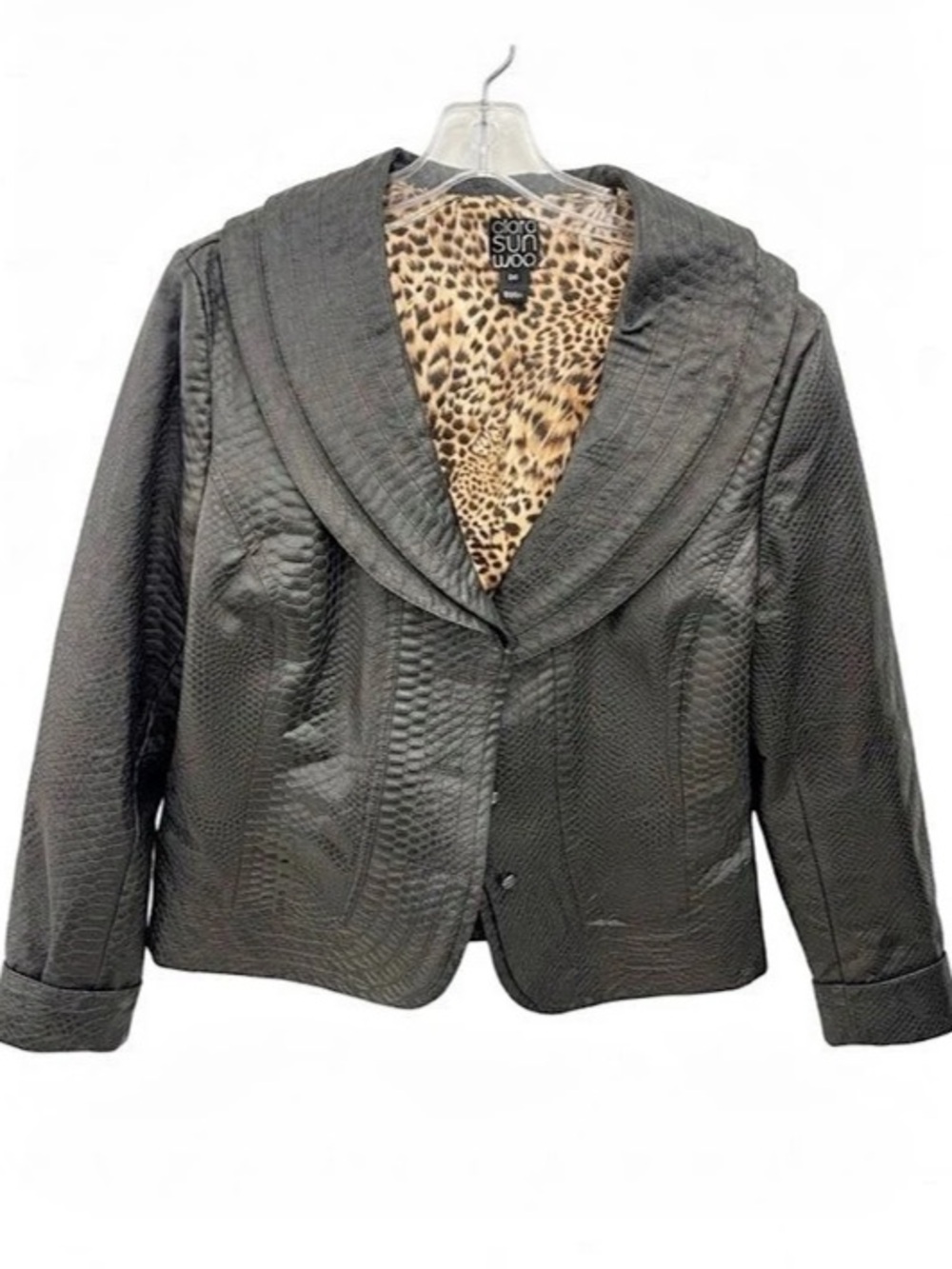 Clara Sun Woo Black Crocodile Faux Leather Jacket Leopard Print Lining Size M